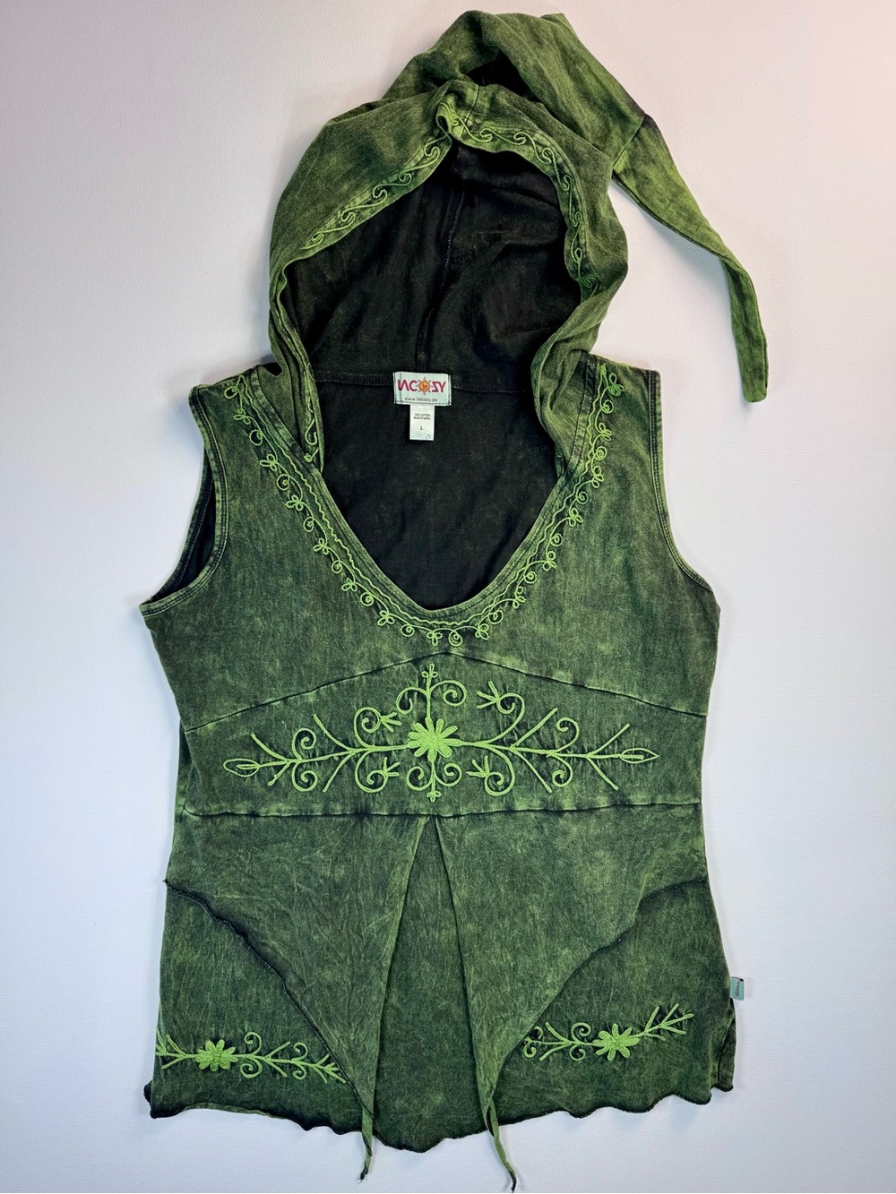 LaCozy Women’s Nepal Hooded Tunic Top Green Embroidered Boho Hippie Elf Whimsi L